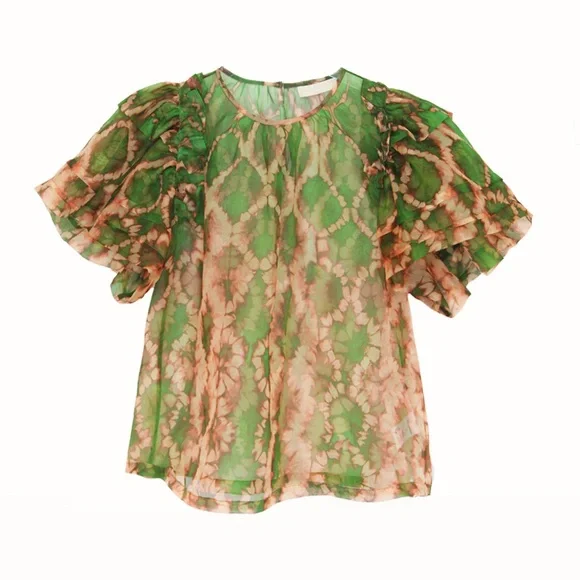 Ulla Johnson Green and Brown Tie-Dye 100% silk Women's Top - Picture 2 of 2